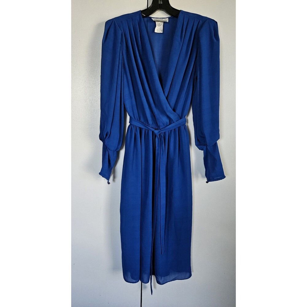 Vintage Alison Peters Blue Sheer Plaid Midi Dress Belted Long Sleeve Size 10